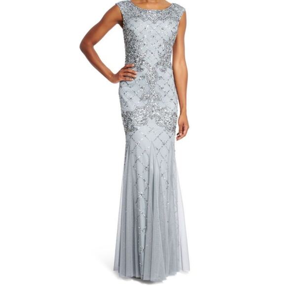 ADRIANNA PAPELL DRESS 10 GOWN SEQUIN BEADED LATTICE BLUE GRAY SLEEVELESS GODETS - Picture 2 of 16